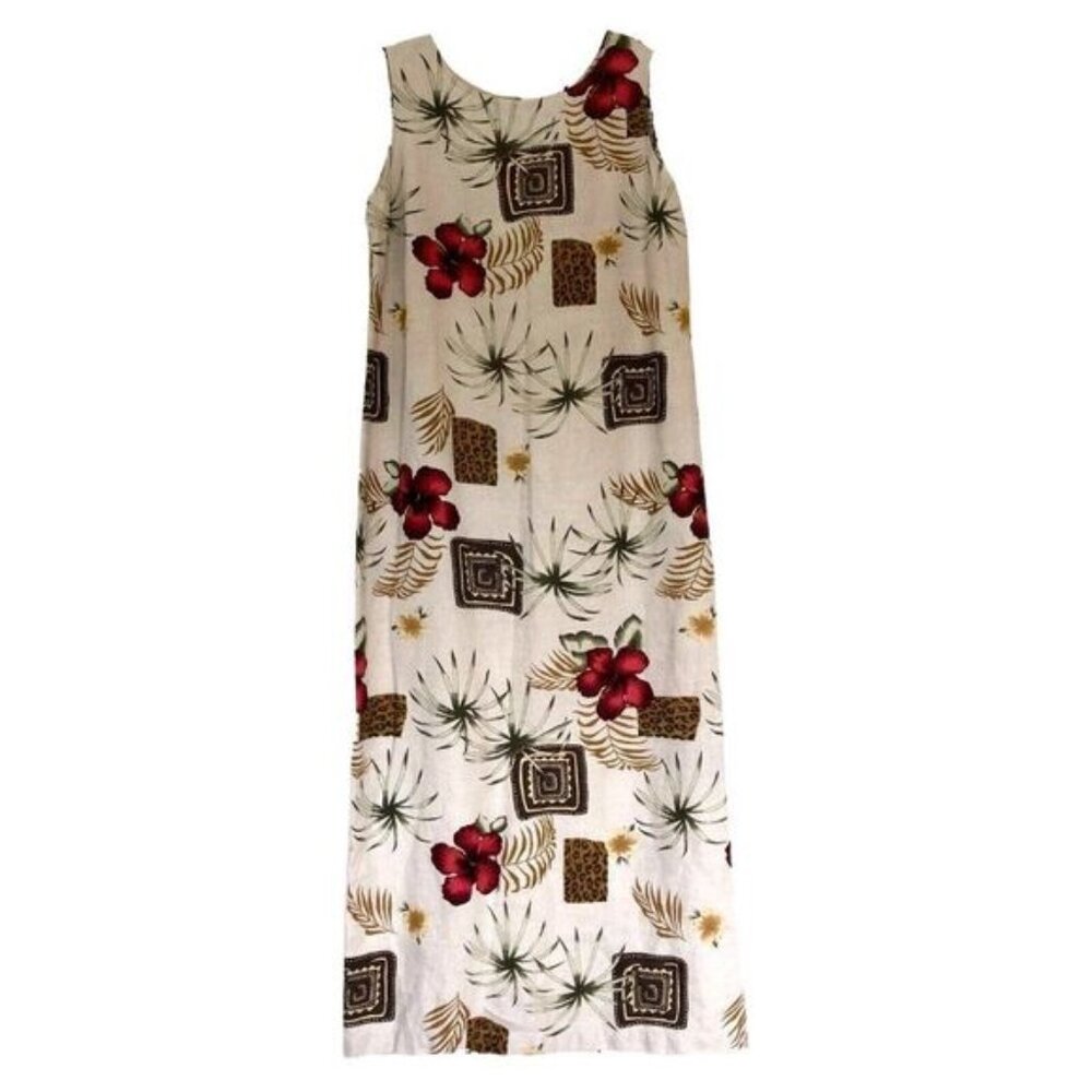 Vintage Maxi Dress Size S Tropical Tiki Hawaiian Resort Beige Floral